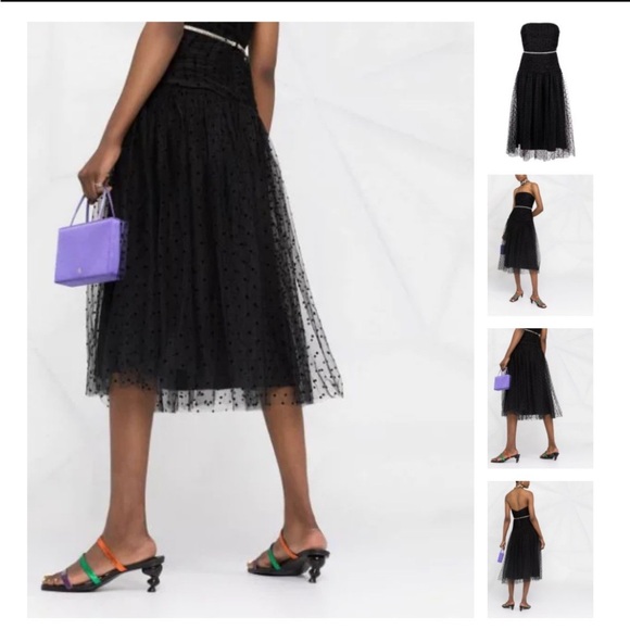 Self Portrait Strapless Black Polka Dot Tulle Midi Cocktail Dress Size 6 - Picture 2 of 10